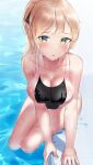  1girl :o blonde_hair breasts cleavage competition_swimsuit green_eyes highres in_water large_breasts leaning_forward legs_together looking_at_viewer one-piece_swimsuit original ponytail pool poolside see-through shirosaba skin_tight skindentation solo swimsuit wet wet_clothes 