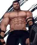  1boy abs arm_hair bara beard black_pants bulge chest_hair facial_hair facial_tattoo from_below harness highres holding holding_shield jang_ju_hyeon large_pectorals looking_at_viewer male_focus marvel mature_male muscular muscular_male mustache navel nipples pants pectorals scar scar_across_eye shield shirtless short_hair solo stomach tattoo thick_eyebrows thor_(marvel) 