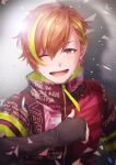  1boy closed_eyes earrings hood hooded_jacket jacket jewelry looking_at_viewer multicolored_hair multiple_boys offtoon12 open_mouth orange_hair project_sekai red_jacket shinonome_akito short_hair simple_background smile two-tone_hair yellow_eyes 