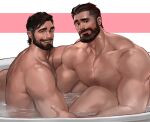  2boys bara bathtub beard chest_hair completely_nude couple facial_hair highres jang_ju_hyeon large_pectorals looking_at_viewer male_focus mature_male multiple_boys muscular muscular_male mustache nude original pectorals raised_eyebrow shared_bathing short_hair sitting smile thick_eyebrows yaoi 