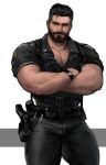  1boy arm_hair bara beard black_pants bulge chest_hair crossed_arms facial_hair feet_out_of_frame gun highres jang_ju_hyeon looking_to_the_side male_focus mature_male muscular muscular_male mustache original pants partially_unbuttoned pectoral_cleavage pectorals police police_uniform policewoman short_hair smile solo thick_eyebrows thick_thighs thighs tight tight_pants uniform weapon 