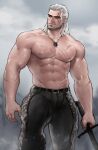  1boy abs arm_hair bara beard bulge chest_hair facial_hair feet_out_of_frame geralt_of_rivia highres holding holding_weapon jang_ju_hyeon jewelry large_pectorals male_focus mature_male medium_hair muscular muscular_male mustache navel necklace nipples old old_man original pants pectorals scar scar_across_eye scar_on_arm scar_on_chest shirtless solo stomach the_witcher_(series) thick_eyebrows thick_thighs thighs tight tight_pants walking weapon white_hair 
