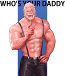  1boy abs alternate_costume arm_hair bara beard blind chest_hair english_text facial_hair hair_slicked_back jang_ju_hyeon large_pectorals latex_pants male_focus mature_male meme muscular muscular_male mustache navel navel_hair nipples old old_man overwatch parody pectorals pointing pointing_at_viewer reinhardt_(overwatch) scar scar_across_eye short_hair smile solo stomach suspenders thick_eyebrows veins white_hair wrinkled_skin 