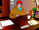  1boy absurdres alien anh_konge artbook highres huge_filesize incredibly_absurdres paper pen pixel_art red_hair room screen_light table virus 