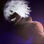  1boy bangs black_background black_shirt black_skin boku_no_hero_academia colored_skin commentary_request eyemask_u_u gradient gradient_background grey_hair grin highres kuroiro_shihai looking_at_viewer male_focus purple_background shiny shiny_hair shirt short_hair smile solo teeth upper_body 