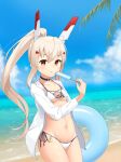  1girl absurdres alternate_costume anchor_symbol ayanami_(azur_lane) azur_lane bangs beach bikini blue_sky blurry breasts choker cleavage cloud cloudy_sky collarbone commentary_request depth_of_field eyebrows_visible_through_hair food hair_between_eyes hair_ornament hairclip headgear highres holding holding_food horizon innertube jacket long_hair looking_at_viewer midriff navel ocean orange_eyes parted_lips pocket ponytail popsicle retrofit_(azur_lane) side-tie_bikini sidelocks silver_hair sky solo swimsuit white_bikini white_jacket xdp_(dx19291005) zipper 