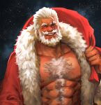 1boy :d ^_^ abs alternate_costume arm_hair bara bare_pectorals beard blind carrying_over_shoulder chest_hair christmas closed_eyes facial_hair fur-trimmed_jacket fur_trim gift_bag hair_slicked_back hairy highres jacket jang_ju_hyeon large_pectorals male_focus mature_male muscular muscular_male mustache navel_hair nipples old old_man open_clothes open_jacket open_mouth overwatch pectorals reinhardt_(overwatch) santa_costume scar scar_across_eye short_hair smile solo stomach thick_eyebrows upper_body white_hair wrinkled_skin 