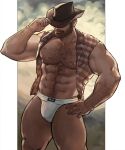  1boy abs arm_hair bara bare_pectorals bare_shoulders beard biceps briefs bulge chest_hair covered_eyes cowboy cowboy_hat facial_hair feet_out_of_frame hairy hand_on_hip hat hat_over_eyes highres jang_ju_hyeon large_pectorals leg_hair male_focus male_underwear mature_male muscular muscular_male mustache navel navel_hair nipples original pectorals print_male_underwear shirt short_hair sideburns sleeveless sleeveless_shirt solo stomach striped thick_eyebrows thick_thighs thighs underwear western white_male_underwear 