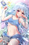  1girl blue_shorts blush breasts cat cellphone grey_hair hand_up happi_(michiru_donut) long_hair looking_at_viewer lying michiru_donut midriff navel on_back original phone pink_eyes short_shorts shorts small_breasts 