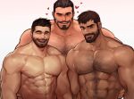  3boys :d abs arm_hair bara beard chest_hair dark-skinned_male dark_skin facial_hair hairy heart jang_ju_hyeon large_pectorals looking_at_viewer male_focus male_harem mature_male multiple_boys muscular muscular_male mustache navel navel_hair nipples nude one_eye_closed open_mouth original pectorals raised_eyebrow seductive_smile short_hair size_difference smile stomach take_your_pick thick_eyebrows upper_body 