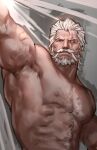  1boy abs arm_hair armpit_hair armpits bara beard blind chest_hair facial_hair jang_ju_hyeon large_pectorals male_focus mature_male muscular muscular_male mustache navel_hair nipples nude old old_man overwatch pectorals reinhardt_(overwatch) scar scar_across_eye short_hair solo stomach thick_eyebrows upper_body veins white_hair wrinkled_skin 