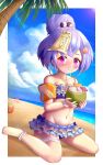  1girl alternate_costume alternate_hairstyle anklet bandaged_leg bandages bangs bare_legs bare_shoulders barefoot beach bikini blue_sky blush cloud cloudy_sky coconut coconut_tree collarbone commentary_request drinking_straw eyebrows_visible_through_hair eyes_visible_through_hair frilled_bikini frills genshin_impact groin hair_between_eyes hair_bobbles hair_bun hair_ornament highres holding horizon jewelry jiangshi long_hair looking_at_viewer midriff navel nozo.me ocean ofuda orb palm_tree parted_lips purple_eyes purple_hair qiqi_(genshin_impact) scrunchie shell_hair_ornament sidelocks sitting sky solo spaghetti_strap swimsuit tree wariza wrist_scrunchie yin_yang yin_yang_orb 