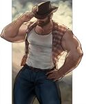  1boy arm_hair bara bare_shoulders beard biceps bulge chest_hair covered_eyes cowboy cowboy_hat denim facial_hair feet_out_of_frame hand_on_hip hat hat_over_eyes highres jang_ju_hyeon jeans large_pectorals male_focus mature_male muscular muscular_male mustache navel navel_hair original pants pectoral_cleavage pectorals shirt short_hair sideburns sleeveless sleeveless_shirt solo tank_top thick_eyebrows thick_thighs thighs western wet wet_clothes wet_shirt white_tank_top 
