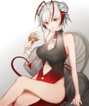  1girl ahoge alternate_costume arknights arm_support ayakoayako black_dress breasts chair cleavage_cutout clothing_cutout commentary_request crossed_legs demon_girl demon_horns demon_tail double_bun dress feet_out_of_frame food gradient gradient_background grey_background grey_hair highres holding holding_food horns ice_cream ice_cream_cone large_breasts looking_at_viewer no_panties pelvic_curtain red_dress red_eyes short_hair sitting sleeveless sleeveless_dress solo tail tongue tongue_out two-tone_dress w_(arknights) 