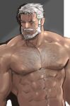  1boy abs bara beard blind blue_eyes chest_hair facial_hair hair_slicked_back highres jang_ju_hyeon large_pectorals looking_to_the_side male_focus mature_male muscular muscular_male mustache navel navel_hair nipples nude old old_man overwatch pectorals reinhardt_(overwatch) scar scar_across_eye short_hair solo stomach thick_eyebrows upper_body white_hair wrinkled_skin 
