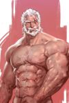  1boy abs arm_hair bara beard blind chest_hair completely_nude covering covering_crotch cowboy_shot facial_hair hair_slicked_back highres jang_ju_hyeon large_pectorals looking_to_the_side male_focus mature_male muscular muscular_male mustache navel navel_hair nipples nude old old_man overwatch pectorals reinhardt_(overwatch) scar scar_across_eye short_hair solo stomach thick_eyebrows unfinished veins white_hair wrinkled_skin 