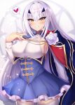 1girl alternate_breast_size armpit_cutout blue_cape blue_dress breasts bright_pupils cape clothing_cutout cowboy_shot dress eyebrows_visible_through_hair fairy_knight_lancelot_(fate) fate/grand_order fate_(series) grin heart highres hiiro_h large_breasts long_hair looking_at_viewer sidelocks smile solo spoken_heart teeth thighhighs white_hair white_legwear yellow_eyes 