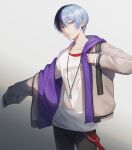  1boy aoyagi_touya bangs blue_hair grey_eyes hood hoodie jacket jewelry looking_at_viewer male_focus multicolored_hair multiple_boys offtoon12 open_clothes pants project_sekai shirt short_hair t-shirt teeth two-tone_hair 