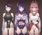  3girls absurdres bangs bare_shoulders black_hair blush breasts bridal_gauntlets cleavage closed_mouth clothes_lift commentary_request crossed detached_sleeves eyebrows_visible_through_hair flower genshin_impact hair_between_eyes hair_ornament highres hyunjjing japanese_clothes kimono kujou_sara large_breasts lifted_by_self long_hair long_sleeves looking_at_viewer mask mask_on_head miko mitsudomoe_(shape) mole mole_under_eye multiple_girls navel obi obiage obijime pink_hair purple_eyes purple_flower purple_hair pussy raiden_shogun ribbon sash shiny shiny_skin short_hair simple_background smile tassel tengu_mask thighhighs tomoe_(symbol) wide_sleeves yae_(genshin_impact) yellow_eyes 