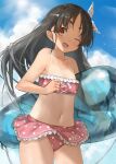  1girl bare_arms bare_legs bare_shoulders bikini black_hair blush brown_eyes cowboy_shot day fang holding kantai_collection long_hair nisshin_(kancolle) one_eye_closed open_mouth pink_bikini polka_dot polka_dot_bikini short_eyebrows smile solo swimsuit toka_(marchlizard) very_long_hair 