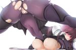  1girl ass bangs blush bodysuit breast_press breasts closed_mouth covered_navel damda eyebrows_visible_through_hair fate/grand_order fate_(series) from_behind jack-o&#039;_challenge large_breasts long_hair meme purple_hair pussy red_eyes scathach_(fate) scathach_(fate)_(all) simple_background solo sweat torn_bodysuit torn_clothes white_background wide_spread_legs 