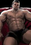  1boy abs bara beard black_male_underwear boxers bulge couch darius_(league_of_legends) facial_hair feet_out_of_frame highres jang_ju_hyeon large_pectorals league_of_legends looking_at_viewer male_focus male_underwear mature_male muscular muscular_male mustache navel navel_hair nipples old old_man on_couch pectorals scar scar_across_eye short_hair sideburns solo spread_legs stomach stubble thick_eyebrows thick_thighs thighs underwear underwear_only unfinished veins wrinkled_skin 