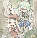  1boy 2girls ahoge albedo_(genshin_impact) animal animal_ears aqua_hair bangs berry blonde_hair blue_eyes brown_gloves bush closed_mouth clover day dress feathers flower forest four-leaf_clover genshin_impact glasses gloves green_hair grey_hair hat hat_feather highres insect_cage klee_(genshin_impact) lizard long_hair long_sleeves low_twintails multicolored_hair multiple_girls nature open_mouth outdoors red_dress red_eyes rock shionosuke standing streaked_hair sucrose_(genshin_impact) thighhighs tree twintails white_gloves yellow_eyes 