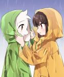  1boy 1other animal_ears asriel_dreemurr bangs blush bob_cut brown_hair chara_(undertale) closed_mouth fang furry highres leftporygon looking_at_another medium_hair outdoors parted_lips rain raincoat red_eyes skin_fang smile standing undertale upper_body water_drop white_fur yellow_eyes 