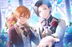  2boys animal_on_shoulder aoyagi_touya bird bird_on_shoulder blue_flower blue_hair blue_rose earrings flower formal hand_up jewelry looking_at_viewer multicolored_hair multiple_boys necktie offtoon12 open_mouth orange_hair project_sekai rose shinonome_akito short_hair smile suit 