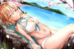  1girl absurdres bangs bare_arms bare_shoulders bikini blonde_hair blush breasts cleavage closed_mouth eyebrows_visible_through_hair fate/grand_order fate_(series) flower highres knee_up large_breasts lying navel okita_souji okita_souji_(fate)_(all) okita_souji_(swimsuit_assassin)_(fate) on_back outdoors petals smile solo swimsuit toukan water yellow_eyes 