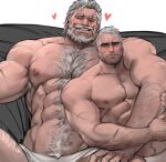  2boys abs arm_around_shoulder arm_hair bara bare_pectorals beard blind blush chest_hair couple facial_hair giant giant_male hair_slicked_back hairy heart highres jang_ju_hyeon large_pectorals leg_hair male_focus mature_male multiple_boys muscular muscular_male mustache naked_towel navel navel_hair nipples old old_man on_bed overwatch pectorals reinhardt_(overwatch) scar scar_across_eye scar_on_arm scar_on_chest scar_on_face scar_on_forehead scar_on_mouth short_hair sitting size_difference soldier:_76_(overwatch) spread_legs stomach thick_eyebrows towel towel_around_waist white_hair wrinkled_skin yaoi 