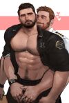  2boys abs arm_hair bara bare_pectorals beard black_hair black_jacket black_pants blush chest_hair couple crotch_grab facial_hair hand_on_another&#039;s_crotch highres hug hug_from_behind jacket jang_ju_hyeon large_pectorals male_focus mature_male multiple_boys muscular muscular_male mustache navel navel_hair nipples open_clothes open_jacket original pants pectorals police police_uniform policeman pubic_hair pubic_hair_peek short_hair sleeves_rolled_up smile stomach sweat thick_eyebrows uniform yaoi 