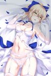  1girl absurdres ahoge armpits artoria_pendragon_(fate) bangs bare_shoulders bed_sheet blonde_hair blue_bow blue_choker blush bow breasts chinese_commentary choker cleavage collarbone commentary commission cowboy_shot crying crying_with_eyes_open devil_heavens dress elbow_gloves eyebrows_visible_through_hair fate/stay_night fate/unlimited_blade_works fate_(series) garter_belt gloves green_eyes groin hair_between_eyes hair_bow hands_up highres looking_at_viewer lying medium_breasts navel official_alternate_costume on_back open_mouth panties pixiv_request ponytail revision saber short_dress sidelocks skindentation sleeveless sleeveless_dress solo stomach sweat tears thighhighs torn_clothes torn_dress underwear upper_teeth white_dress white_gloves white_legwear white_panties 