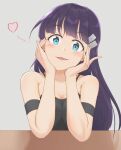  1girl blue_eyes blush breasts elbows_on_table eyebrows_visible_through_hair fang hair_ornament hands_on_own_face heart highres kiyal_bachika long_hair looking_at_viewer purple_hair smile solo suicabar72 table tengen_toppa_gurren_lagann 