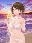  1girl beach bikini breasts brown_eyes brown_hair cleavage cloud commentary_request cowboy_shot food gradient_sky hanae_haruka highres looking_at_viewer medium_breasts mountain original outdoors popsicle short_hair sky solo sparkle sunset swimsuit v white_bikini 
