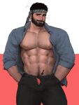  1boy abs arm_hair arrow_(symbol) bara bare_pectorals beard beckoning black_pants blue_shirt blush breath bulge chest_hair embarrassed erection erection_under_clothes facial_hair feet_out_of_frame headband heart heart-shaped_pupils highres jang_ju_hyeon large_pectorals male_focus male_pubic_hair male_underwear male_underwear_peek mature_male muscular muscular_male mustache navel navel_hair nipples open_clothes open_fly open_pants open_shirt orange_male_underwear original pants pectorals pubic_hair seductive_smile shirt short_hair smile solo stomach symbol-shaped_pupils thick_eyebrows thick_thighs thighs underwear 