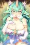  +_+ 1girl animal_ears bare_shoulders blush breasts cleavage collarbone darklux gloves green_eyes green_hair heavy_breathing horns large_breasts league_of_legends long_hair magical_girl pinup_(style) reward_available single_horn soraka star_guardian_(league_of_legends) star_guardian_soraka tagme very_long_hair white_gloves 