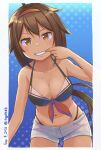  1girl adapted_costume ahoge bikini black_bikini blue_background breasts brown_eyes brown_hair cleavage cowboy_shot gradient gradient_background hairband highres kantai_collection looking_at_viewer medium_breasts mouth_pull red_hairband remodel_(kantai_collection) shiratsuyu_(kancolle) shorts solo standing swimsuit toge_nbo white_shorts 