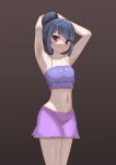  1girl absurdres armpits arms_up bangs blue_hair bow breasts brown_background commentary doluluda eyebrows_visible_through_hair hair_bun highres looking_at_viewer navel presenting_armpit purple_eyes purple_swimsuit shima_rin simple_background small_breasts solo stomach swimsuit yurucamp 