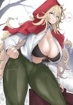  1girl absurdres ass bangs black_bra blonde_hair blue_eyes boots bra breasts capelet cleavage green_pants grimm_(red_hood) highres hood hood_up hooded_capelet large_breasts long_hair long_sleeves looking_at_viewer muscular muscular_female open_clothes open_shirt pants puzenketsu red_capelet red_hood_(kawaguchi) shirt solo thick_thighs thighs underwear white_shirt 