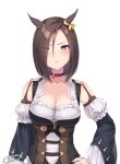  1girl air_groove_(umamusume) animal_ears blue_eyes blush breasts brown_hair choker cleavage commentary_request cosplay detached_sleeves ear_ornament eishin_flash_(umamusume) eishin_flash_(umamusume)_(cosplay) eyebrows_visible_through_hair eyes_visible_through_hair hair_over_one_eye hand_on_hip highres horse_ears horse_girl kin&#039;iro_dojo long_sleeves looking_at_viewer medium_breasts medium_hair parted_lips revision shoulder_strap signature simple_background solo umamusume upper_body white_background 