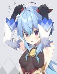  ahoge armpits bangs bare_shoulders bell black_gloves blue_hair blush breasts detached_sleeves eyebrows_visible_through_hair ganyu_(genshin_impact) genshin_impact gloves gold_trim highres horn_grab horns looking_at_viewer neck_bell red_eyes sidelocks small_breasts white_sleeves zoirun 