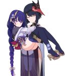  black_hair blush braid carrying closed_eyes fingerless_gloves genshin_impact gloves hair_ornament highres jagd japanese_clothes kimono kujou_sara long_hair long_sleeves looking_at_viewer mask mask_on_head off_shoulder princess_carry purple_eyes purple_hair raiden_shogun short_hair simple_background slippers tengu_mask thighhighs white_background younger 