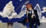  1boy 7ife absurdres angel angel_devil_(chainsaw_man) angel_wings black_jacket black_neckwear blood brown_eyes brown_hair business_suit chainsaw_man collared_shirt crossed_legs cumulonimbus_cloud dress_shirt feathered_wings food formal hair_between_eyes halo hand_on_own_knee highres holding holding_food ice_cream ice_cream_cone jacket long_hair long_sleeves male_focus necktie painterly pants rainbow shirt shoes sitting solo suit white_shirt white_wings wings 
