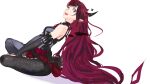  1girl black_hair blue_eyes butterfly_sitting detached_wings hands_on_feet heterochromia holding_own_foot hololive hololive_english horns irys_(hololive) long_hair looking_at_viewer looking_to_the_side multiple_horns pako red_hair single_legging sitting smile solo v_arms very_long_hair virtual_youtuber wings 