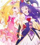  2girls ;d back_bow bangs black_gloves black_headwear blonde_hair blue_eyes bow bowtie bracelet cure_magical cure_miracle earrings elbow_gloves eyebrows_visible_through_hair floating_hair gloves hat highres jewelry jun_(nad-j) long_hair mahou_girls_precure! mini_hat mini_witch_hat multiple_girls one_eye_closed open_mouth pink_headwear pink_skirt precure purple_eyes purple_hair red_bow red_neckwear shirt short_sleeves side_ponytail skirt smile standing underbust very_long_hair white_gloves white_shirt white_skirt witch_hat 