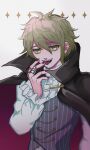  1boy amami_rantarou bangs black_cape cape center_frills cfbs1vykihkwxbw commentary_request danganronpa_(series) danganronpa_v3:_killing_harmony ear_piercing fangs frills green_eyes green_hair grey_background hair_between_eyes hand_up highres jacket jewelry long_sleeves looking_at_viewer male_focus official_alternate_costume open_mouth piercing red_cape red_nails ring shirt short_hair simple_background smile solo striped striped_shirt two-sided_cape two-sided_fabric upper_body vampire white_shirt 