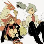  1boy 1girl alternate_color beldum bike_shorts bike_shorts_under_skirt black_footwear black_legwear black_pants blaziken collared_shirt commentary_request cup gen_3_pokemon gloves gulpin holding holding_cup jacket jacket_on_shoulders may_(pokemon) mug pants pokemon pokemon_(creature) pokemon_(game) pokemon_rse popcorn_91 shiny_pokemon shirt shoes short_sleeves sitting skirt socks steam steven_stone white_shirt white_skirt 