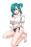  1girl aqua_hair arm_under_breasts artist_name bandaid bandaid_on_face bare_shoulders barefoot black_panties blue_eyes breasts bulma collarbone commentary covered_nipples dragon_ball dragon_ball_(classic) earrings eyebrows_visible_through_hair full_body hair_between_eyes jewelry large_breasts long_hair off-shoulder_shirt off_shoulder one_side_up open_mouth panties relaxjon shirt short_sleeves simple_background sitting solo tongue tongue_out underwear white_background white_shirt 
