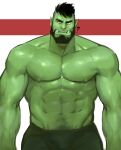  1boy ? abs bara beard borrowed_character bulge colored_skin cowboy_shot facial_hair fangs green_skin highres jang_ju_hyeon krain large_pectorals looking_at_viewer male_focus mature_male monster_boy muscular muscular_male mustache navel navel_hair nipples nose_piercing nose_ring orc original pants pectorals piercing pointy_ears shirtless short_hair solo stomach straight-on thick_eyebrows undercut 